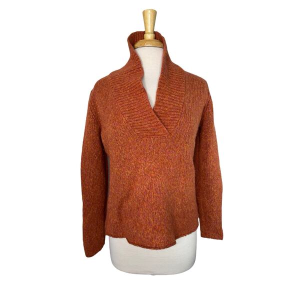 EILEEN FISHER Spice Orange Shawl Collar Merino Wool V-Neck Sweater Size Medium - Picture 1 of 10
